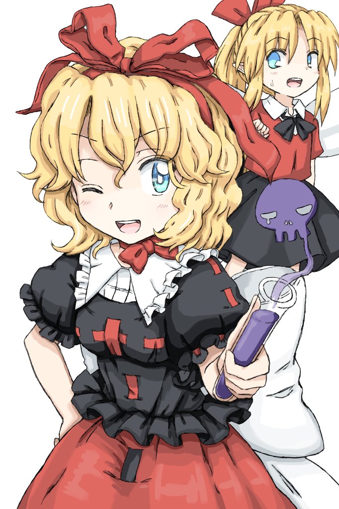 2girls black_shirt blonde_hair blue_eyes blush collared_shirt frilled_shirt_collar frilled_sleeves frills hair_between_eyes hair_ribbon holding holding_test_tube medicine_melancholy momom_pancake multiple_girls one_eye_closed open_mouth poison puffy_short_sleeves puffy_sleeves red_ribbon red_skirt ribbon shirt short_hair short_sleeves simple_background skirt smile su-san test_tube touhou white_background