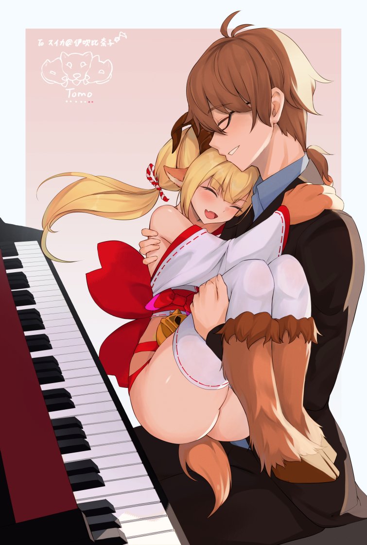 1boy 1girl :d ^_^ animal_ears ass baphomet_(monster_girl_encyclopedia) bare_shoulders bell_orgel blonde_hair blush brown_hair closed_eyes commentary_request fang glasses goat_ears goat_horns happy hetero hooves horns instrument long_hair long_sleeves monster_girl monster_girl_encyclopedia off_shoulder open_mouth original piano sitting skin_fang smile tail thighhighs white_thighhighs wide_sleeves