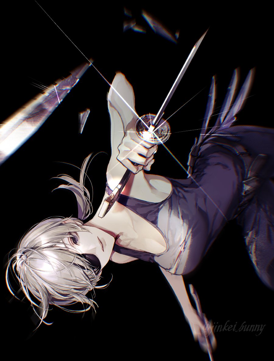 1girl bare_arms belt black_background black_tank_top breasts chainsaw_man collarbone commentary dual_wielding eyepatch glint holding koshika_rina medium_breasts ponytail purple_eyes quanxi_(chainsaw_man) shirt short_hair short_ponytail sideways simple_background solo sword tank_top torn_clothes torn_shirt weapon