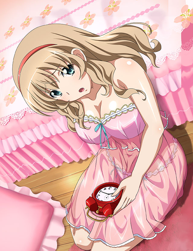 1girl bangs bed bedroom breasts cleavage collarbone dress dutch_angle evening_gown green_eyes hair_between_eyes hairband head_tilt ikkitousen large_breasts light_brown_hair long_hair open_mouth panties pillow pink_dress red_hairband see-through see-through_dress shiny shiny_hair shiny_skin short_dress solo sonken_chuubou strapless strapless_dress underwear wooden_floor