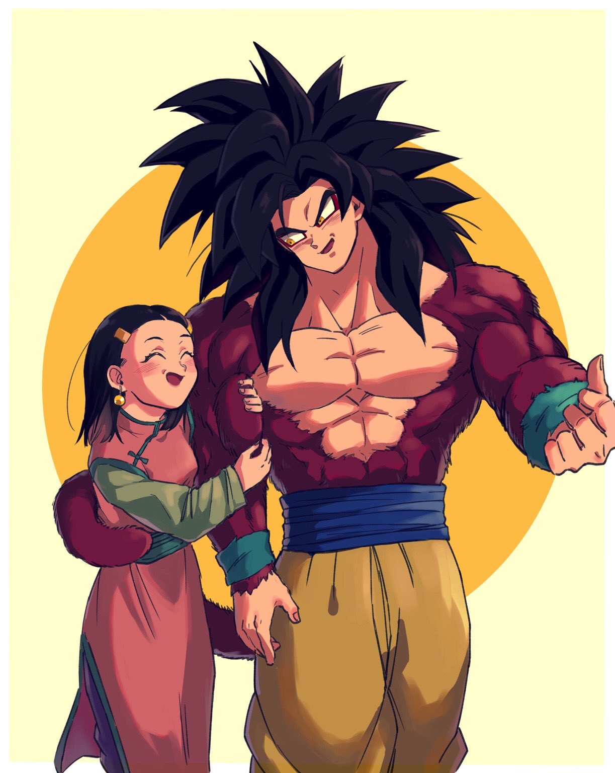 bare_pectorals biceps body_fur chi-chi_(dragon_ball) closed_eyes dragon_ball dragon_ball_gt height_difference highres husband_and_wife locked_arms monkey_boy monkey_tail open_mouth pectorals pink_hair relio_db318 short_hair side-by-side son_goku spiked_hair super_saiyan super_saiyan_4 tail