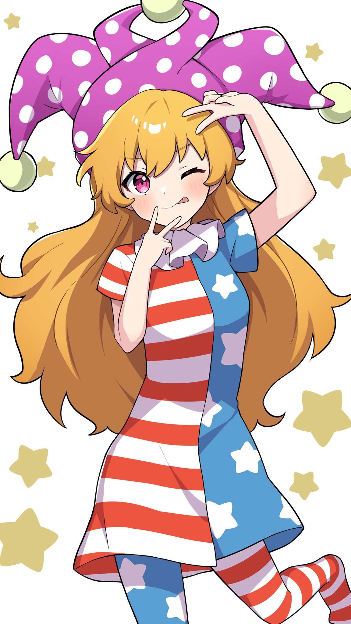 1girl american_flag american_flag_dress american_flag_legwear blonde_hair blue_dress blue_pantyhose blush breasts clownpiece commentary_request double_v dress frilled_shirt_collar frills hat highres jester_cap leg_up miz_(mizillustration) neck_ruff no_wings one_eye_closed pantyhose polka_dot polka_dot_headwear purple_eyes purple_headwear red_dress red_pantyhose short_sleeves simple_background small_breasts solo standing standing_on_one_leg star_(symbol) star_print striped striped_dress striped_pantyhose tongue tongue_out touhou two-tone_dress two-tone_pantyhose v white_background