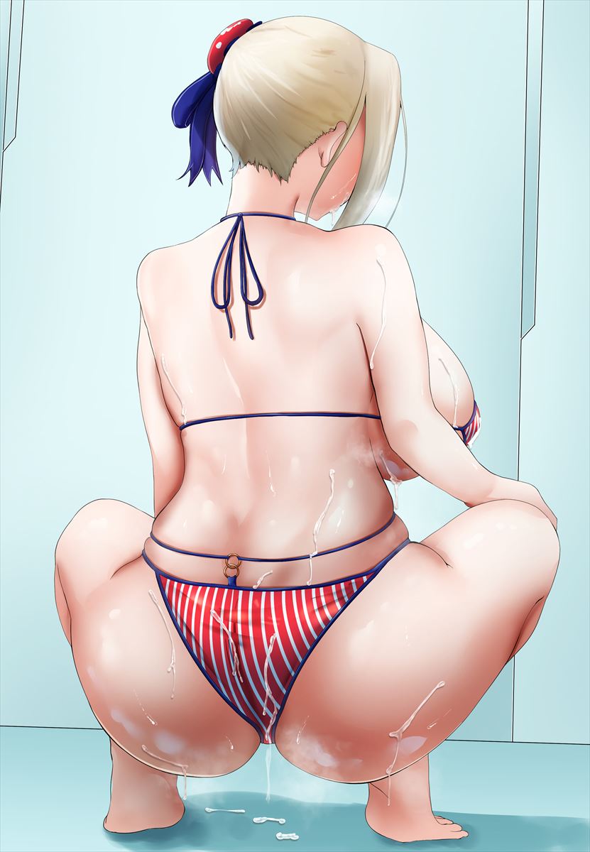 1girl ass asymmetrical_hair back barefoot bikini blonde_hair breasts bun_cover cum cum_on_ass cum_on_back facial facing_away fate/grand_order fate_(series) from_behind full_body hair_bun hand_on_own_knee highres indoors large_breasts miyamoto_musashi_(fate) sirosoil solo squatting striped striped_bikini swimsuit textless_version tiptoes