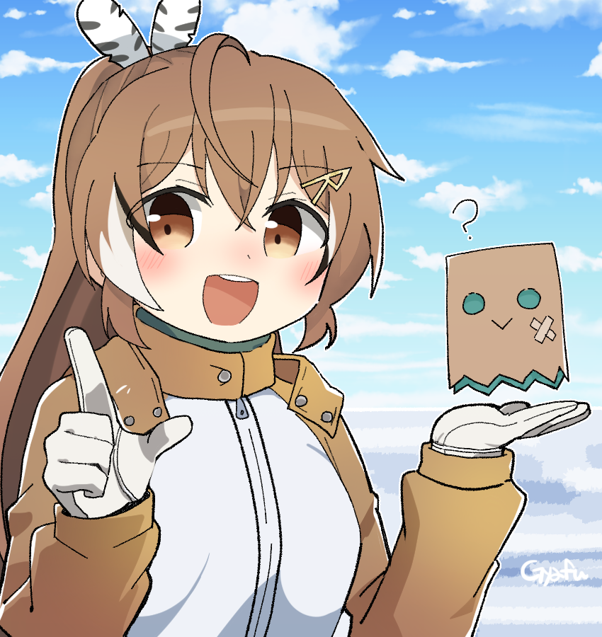 1girl :d ? ahoge bangs brown_eyes brown_hair cloud cloudy_sky coat cosplay feather_hair_ornament feathers friend_(nanashi_mumei) gloves gyaheung hair_ornament hairclip hololive hololive_english ice jacket long_hair looking_at_viewer multicolored_hair nanashi_mumei orange_coat orange_jacket parka ponytail presenting scene_reference sky smile sora_yori_mo_tooi_basho streaked_hair tamaki_mari tamaki_mari_(cosplay) teeth upper_body upper_teeth very_long_hair virtual_youtuber white_gloves winter_clothes