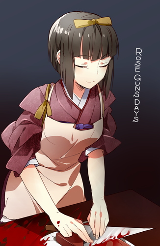 1girl alternate_color apron bangs black_hair blood blood_on_knife bow butchering claudia_kurosaki closed_eyes closed_mouth commentary_request copyright_name hair_bow japanese_clothes kimono knife lowres red_kimono rose_guns_days short_hair sleeves_past_elbows smile solo towa1 white_apron yellow_bow