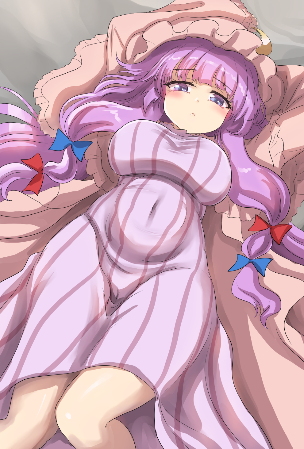 1girl bangs blue_bow blunt_bangs blush bow breasts cameltoe commentary covered_navel crescent crescent_hat_ornament dress frown hair_bow hat hat_ornament highres large_breasts looking_at_viewer lying mob_cap namiki_(remiter00) on_back patchouli_knowledge purple_eyes purple_hair red_bow robe solo striped striped_dress touhou