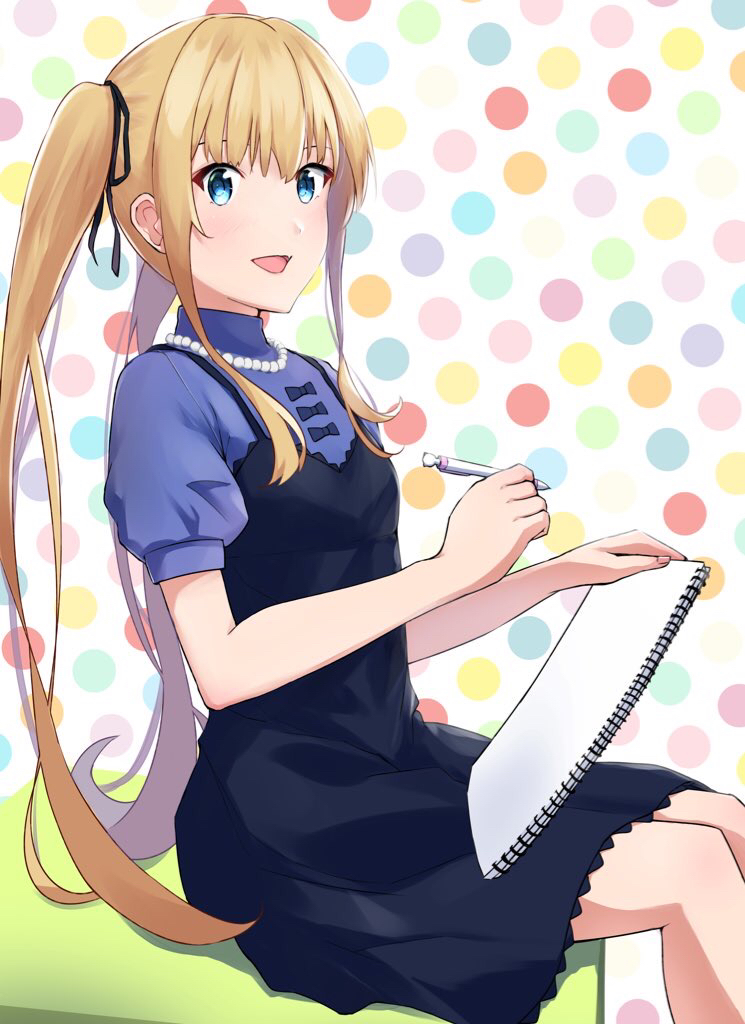 1girl :d bangs black_bow black_dress black_ribbon blonde_hair blue_eyes blue_shirt bow dress fang hair_ribbon holding holding_pen jewelry kikuwata long_hair necklace open_mouth pen pinafore_dress ribbon saenai_heroine_no_sodatekata sawamura_spencer_eriri shiny shiny_hair shirt short_dress short_sleeves sitting skin_fang sleeveless sleeveless_dress smile solo twintails very_long_hair