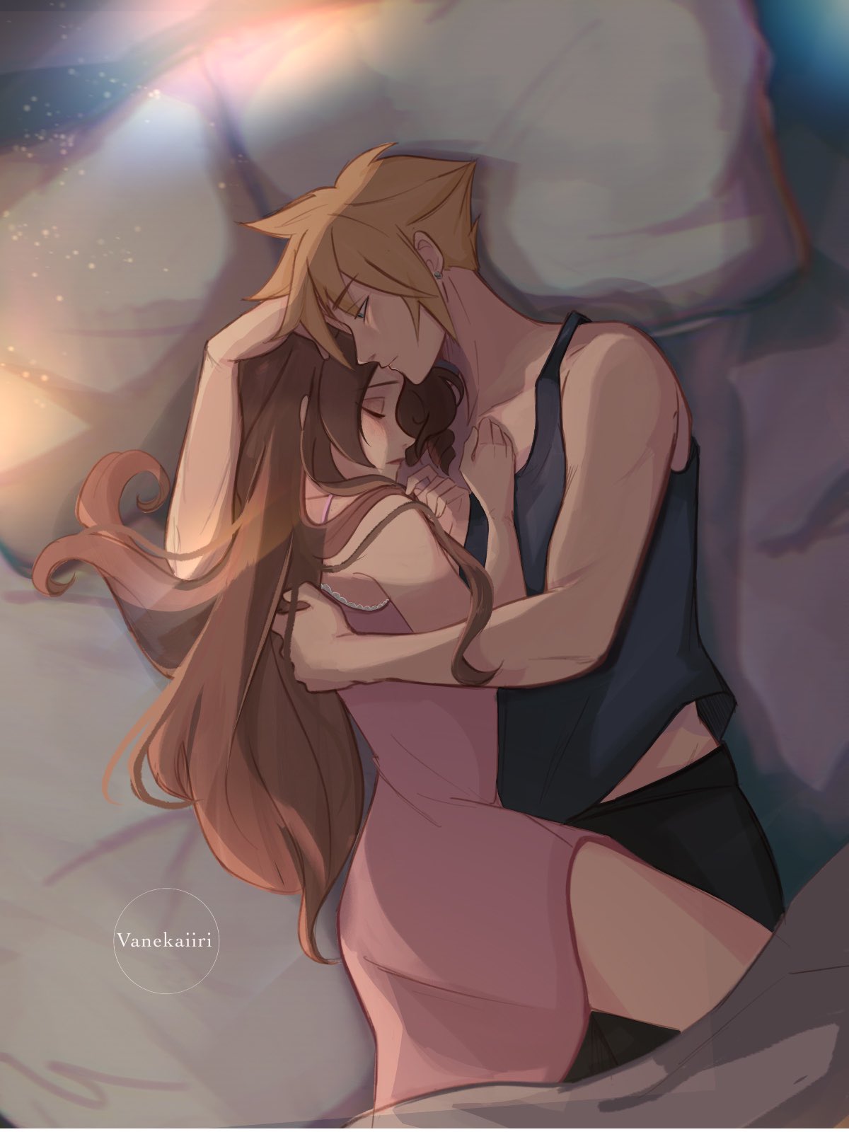 1boy 1girl aerith_gainsborough arm_around_back arm_around_neck artist_name bangs bare_arms bare_shoulders bed_sheet black_pants blonde_hair blue_shirt brown_hair closed_eyes cloud_strife couple cowboy_shot cuddling dress earrings final_fantasy final_fantasy_vii final_fantasy_vii_remake hair_between_eyes half-closed_eyes hand_on_another's_chest hetero highres jewelry long_hair looking_at_another on_bed pants parted_bangs pillow pink_dress shirt short_hair sidelocks single_earring sleeping sleeveless sleeveless_dress sleeveless_shirt spiked_hair tank_top thighs toned toned_male under_covers vanekairi wavy_hair