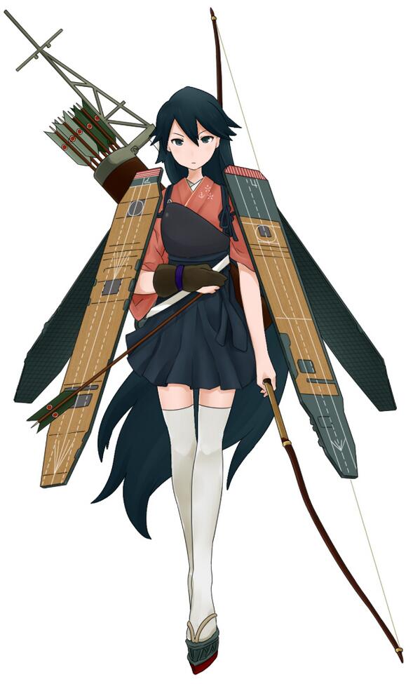 1girl arrow_(projectile) blue_eyes blue_hair blue_skirt bow_(weapon) brown_gloves flight_deck full_body geta gloves hair_between_eyes hair_down hakama hakama_skirt hao_(borosu0023) holding holding_arrow holding_bow_(weapon) holding_weapon houshou_(kancolle) japanese_clothes kantai_collection kimono long_hair looking_at_viewer muneate original_remodel_(kantai_collection) partially_fingerless_gloves pink_kimono quiver simple_background single_glove skirt solo tasuki thighhighs third-party_source weapon white_background white_thighhighs yugake