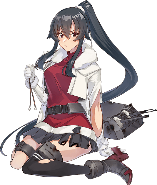 1girl black_hair breasts coat full_body fur-trimmed_jacket fur_trim gloves jacket kantai_collection konishi_(koconatu) large_breasts long_hair official_art ponytail pout red_eyes scrunchie sidelocks single_thighhigh sitting thighhighs torn_clothes turret wariza white_gloves winter_clothes winter_coat yahagi_(kancolle) yahagi_kai_ni_(kancolle)