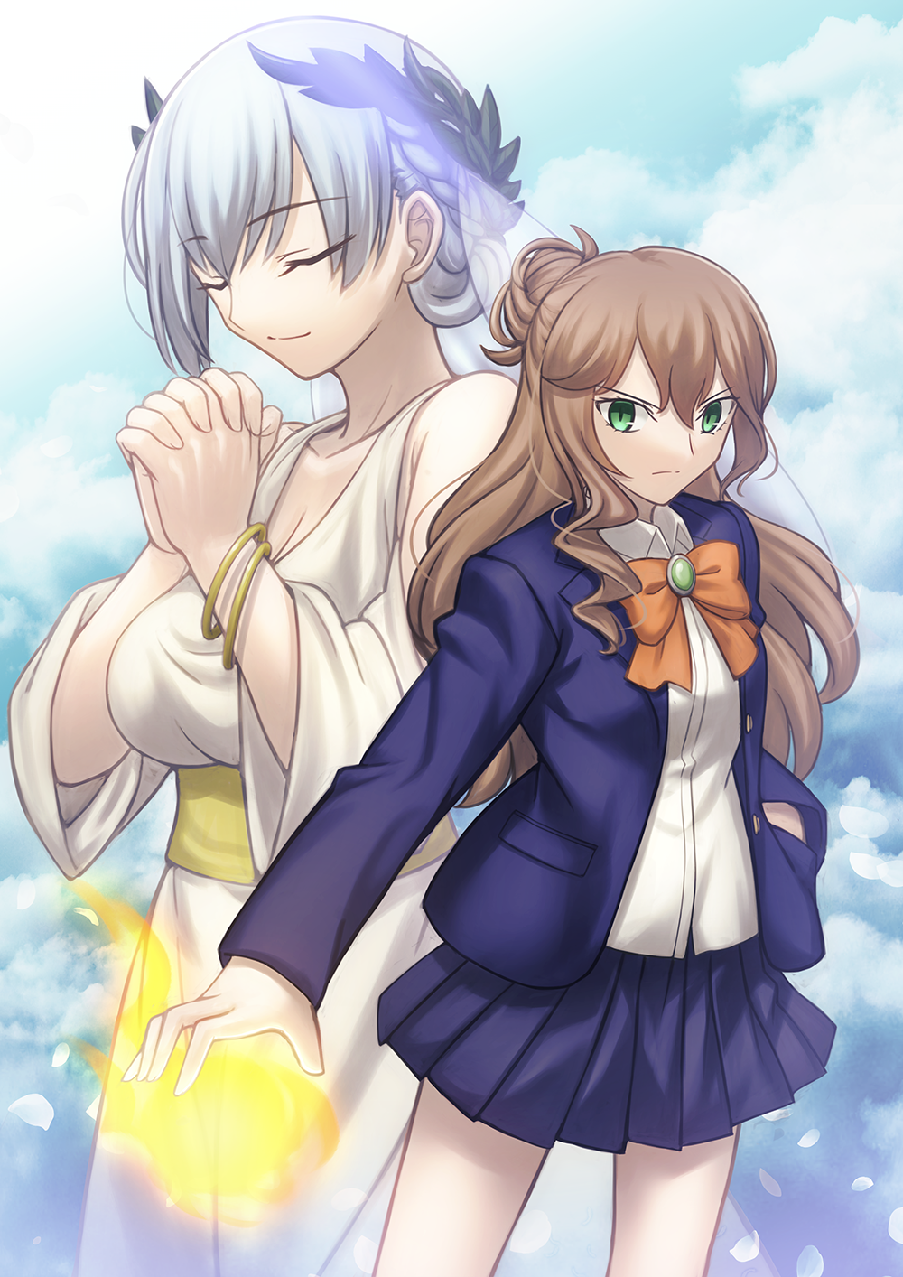 2girls bangs bare_shoulders blue_jacket blue_skirt bow bowtie bracelet breasts brown_hair buttons check_commentary closed_eyes closed_mouth collarbone collared_dress commentary_request detached_sleeves dress fate_(series) fire greek_clothes greek_mythology green_eyes grey_hair hair_between_eyes hair_bun hand_in_pocket highres jacket jewelry laurel_crown long_hair long_sleeves looking_at_viewer magic medium_breasts miniskirt multiple_girls open_clothes open_jacket orange_bow original own_hands_together pleated_skirt pocket school_uniform shirt shoori_(migiha) short_hair single_hair_bun skirt smile takeuchi_takashi_(style) white_dress white_shirt white_sleeves