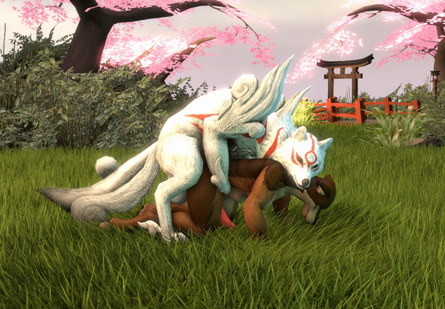 abdominal_bulge amaterasu anal anal_knotting anal_penetration animal_genitalia animal_penis animated anthro anthro_on_feral bestiality bulge canine_penis capcom crossgender deity doggystyle dransvitry duo feral from_behind_position genitals knotting looking_at_viewer male male/male outside penetration penis sex valorlynz video_games vincewolf ōkami