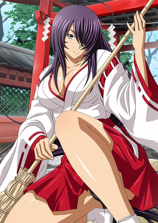 1girl absurdly_long_hair alternate_costume antenna_hair black_panties breasts broom cleavage closed_mouth collarbone day grey_eyes hair_over_one_eye hakama hakama_skirt holding holding_broom ikkitousen japanese_clothes kan'u_unchou kimono large_breasts long_hair long_sleeves looking_at_viewer miko one_knee outdoors panties pantyshot purple_hair red_hakama ribbon-trimmed_sleeves ribbon_trim shiny shiny_hair skirt smile solo underwear very_long_hair white_kimono wide_sleeves