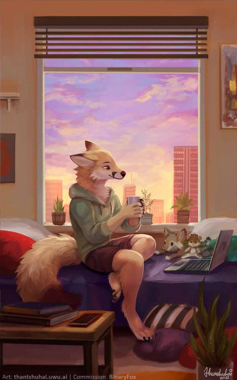 2022 4_toes 5_fingers anthro barefoot canid canine clothed clothing computer day detailed_background digital_media_(artwork) digitigrade eyebrows eyelashes feet fingers fox hi_res inside laptop male mammal red_eyes sitting smile solo thanshuhai toes