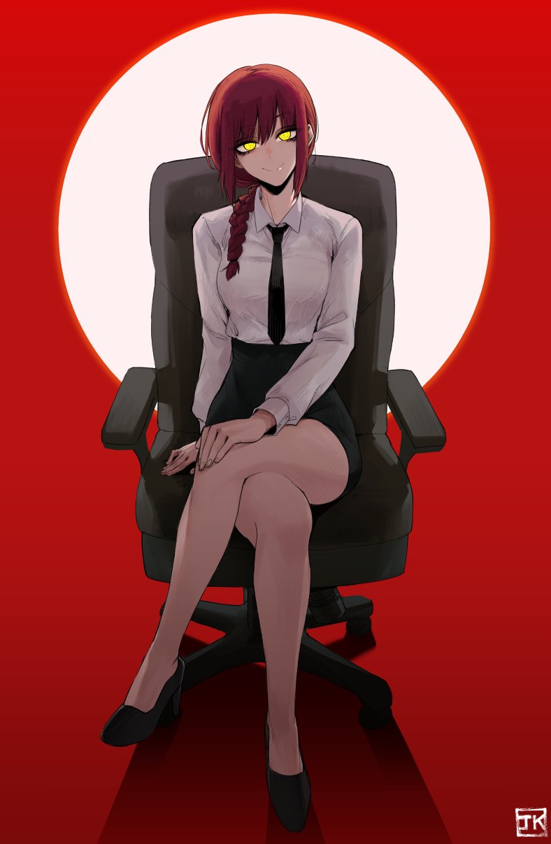 1girl black_footwear black_necktie braid chainsaw_man chair closed_mouth crossed_legs glowing glowing_eyes hair_over_shoulder head_tilt high_heels highres j.k. long_hair long_sleeves looking_at_viewer makima_(chainsaw_man) miniskirt necktie office_chair ringed_eyes shirt shoes sitting skirt smile solo white_shirt yellow_eyes