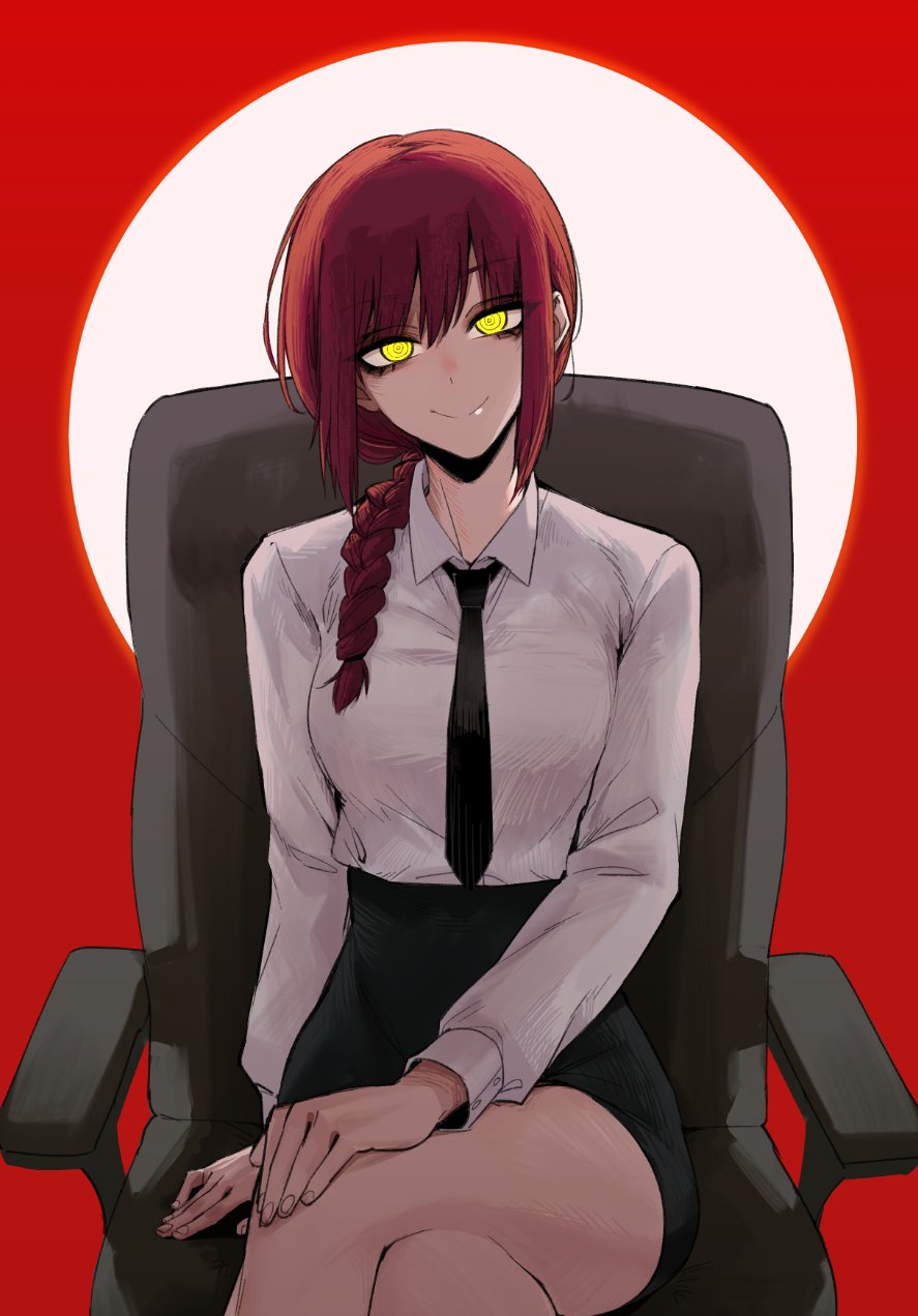 1girl black_necktie braid chainsaw_man chair closed_mouth crossed_legs glowing glowing_eyes hair_over_shoulder head_tilt highres j.k. long_hair long_sleeves looking_at_viewer makima_(chainsaw_man) miniskirt necktie office_chair ringed_eyes shirt sitting skirt smile solo white_shirt yellow_eyes