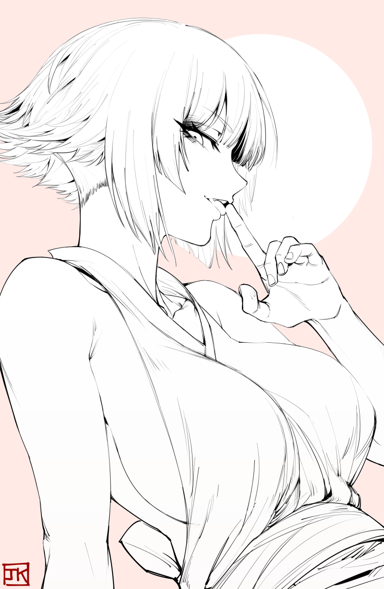 1girl bare_shoulders bleach breasts dress fang from_side highres j.k. large_breasts looking_at_viewer monochrome short_hair sideboob signature smile solo sui-feng tongue tongue_out upper_body