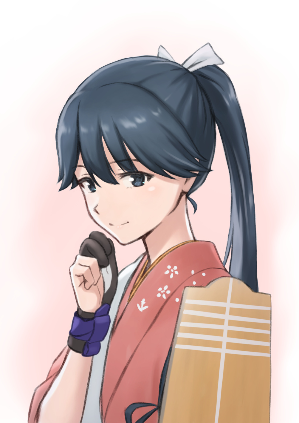 1girl black_eyes black_gloves black_hair flight_deck gloves high_ponytail highres houshou_(kancolle) houshou_kai_ni_(kancolle) japanese_clothes kantai_collection kimono long_hair partially_fingerless_gloves pink_kimono porupurucha sash single_glove smile solo tasuki upper_body yugake