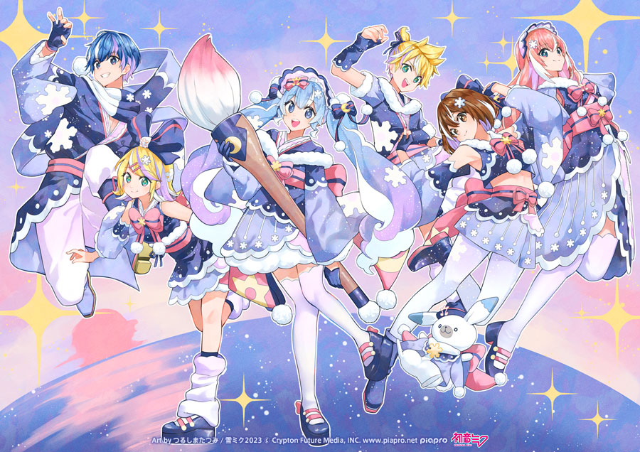 2boys 4girls animal aqua_eyes arched_back arm_warmers art_brush bare_shoulders blonde_hair blue_bow blue_eyes blue_footwear blue_gloves blue_hair blue_headwear blue_kimono blue_ribbon blue_scarf blue_skirt boots bow bowtie brown_eyes brown_hair commentary crescent crescent_hair_ornament crescent_print crop_top crypton_future_media fingerless_gloves full_body fur-trimmed_shirt fur_trim geta gloves gradient_hair grin hair_bow hair_ornament hair_ribbon hairclip hatsune_miku headdress holding holding_brush horizon japanese_clothes kagamine_len kagamine_rin kaito_(vocaloid) kimono layered_skirt light_blue_hair long_hair long_skirt looking_at_viewer megurine_luka meiko_(vocaloid) midriff multicolored_hair multiple_boys multiple_girls musical_note musical_note_hair_ornament official_art open_mouth oversized_object paintbrush pants piapro pink_bow pink_bowtie pink_hair pink_headwear pink_pants pink_thighhighs pom_pom_(clothes) rabbit rabbit_yukine rainys_bill ribbon scarf second-party_source shirt short_hair short_ponytail short_sleeves shorts skirt sleeveless sleeveless_shirt smile snowflake_hair_ornament snowflake_ornament snowflake_print socks sparkle spiked_hair star_(sky) streaked_hair striped striped_bow thighhighs twintails very_long_hair vocaloid white_socks wide_sleeves yuki_kaito yuki_len yuki_luka yuki_meiko yuki_miku yuki_miku_(2023) yuki_rin