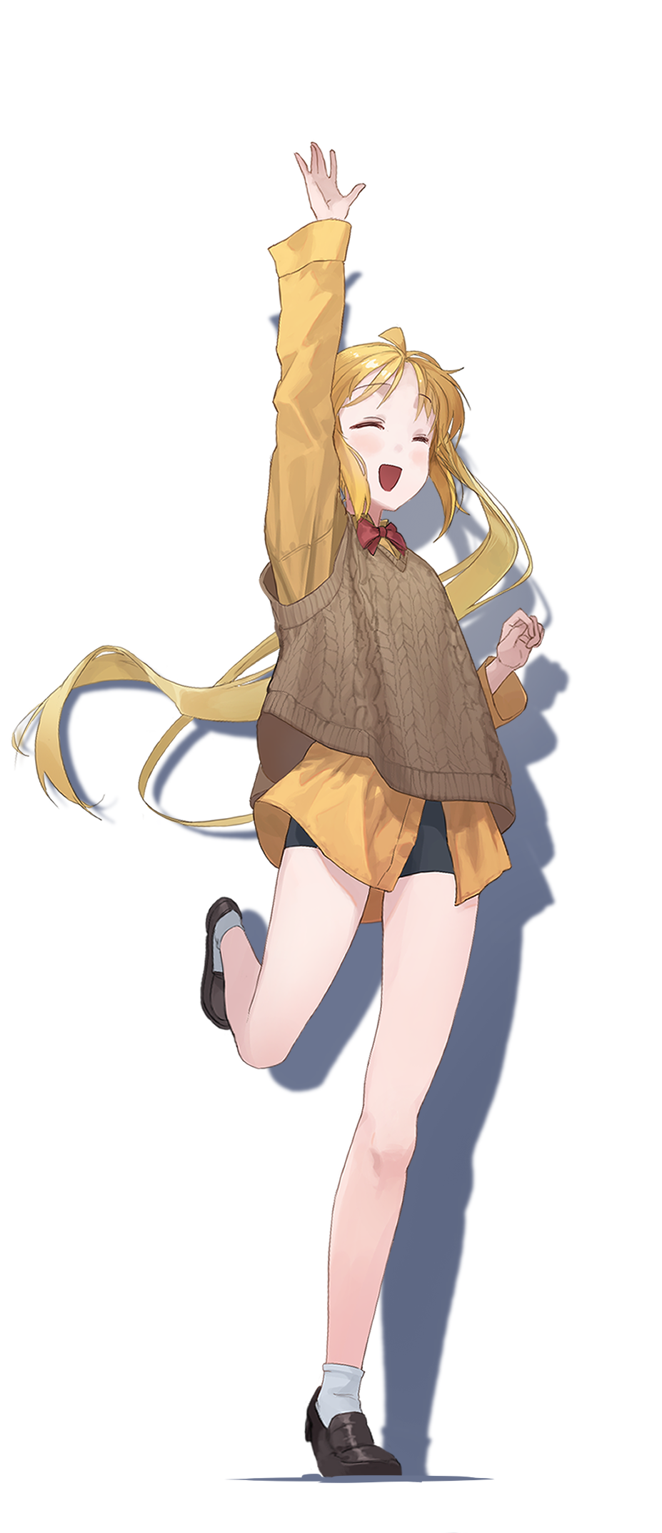 1girl :d ^_^ ahoge arm_at_side arm_up bangs bike_shorts black_shorts blonde_hair blush bocchi_the_rock! bow bowtie brown_footwear brown_sweater_vest closed_eyes dress_shirt full_body ggoc_ill hand_up highres ijichi_nijika leg_up loafers long_hair red_bow shadow shirt shoes short_shorts shorts sidelocks simple_background smile socks solo standing standing_on_one_leg sweater_vest white_background white_socks yellow_shirt
