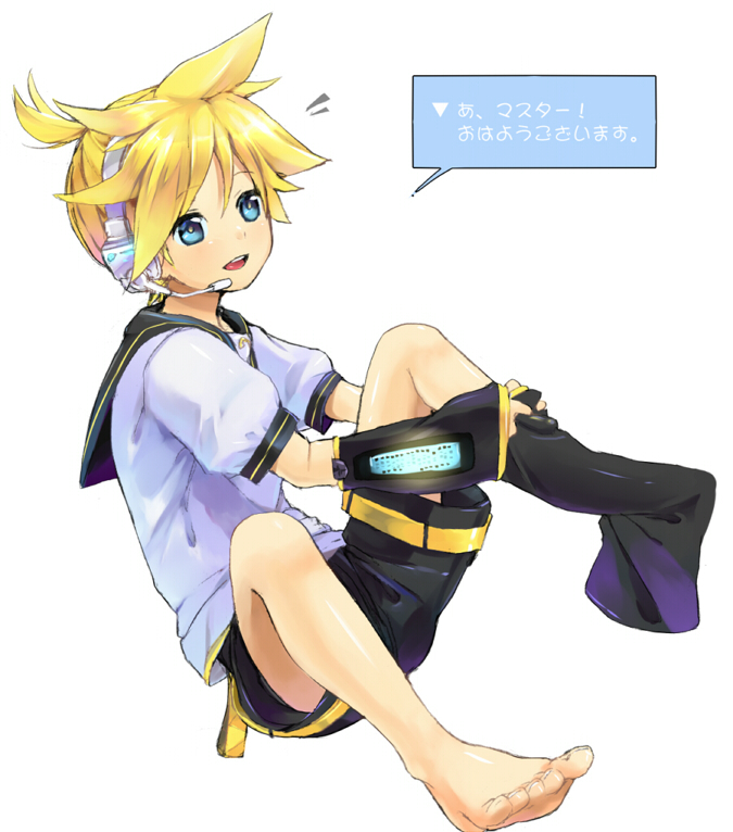 barefoot blonde_hair blue_eyes boy detached_sleeves feet foot headset kagamine_len male male_feet male_focus sole soles solo toes vocaloid