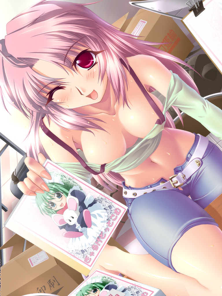belt blue_eyes box breasts chair cleavage clipboard covered_nipples downblouse galge.com glasses green_hair large_breasts maid multiple_girls one_eye_closed pink_eyes pink_hair shorts source_request strap sweat watase_kaoru