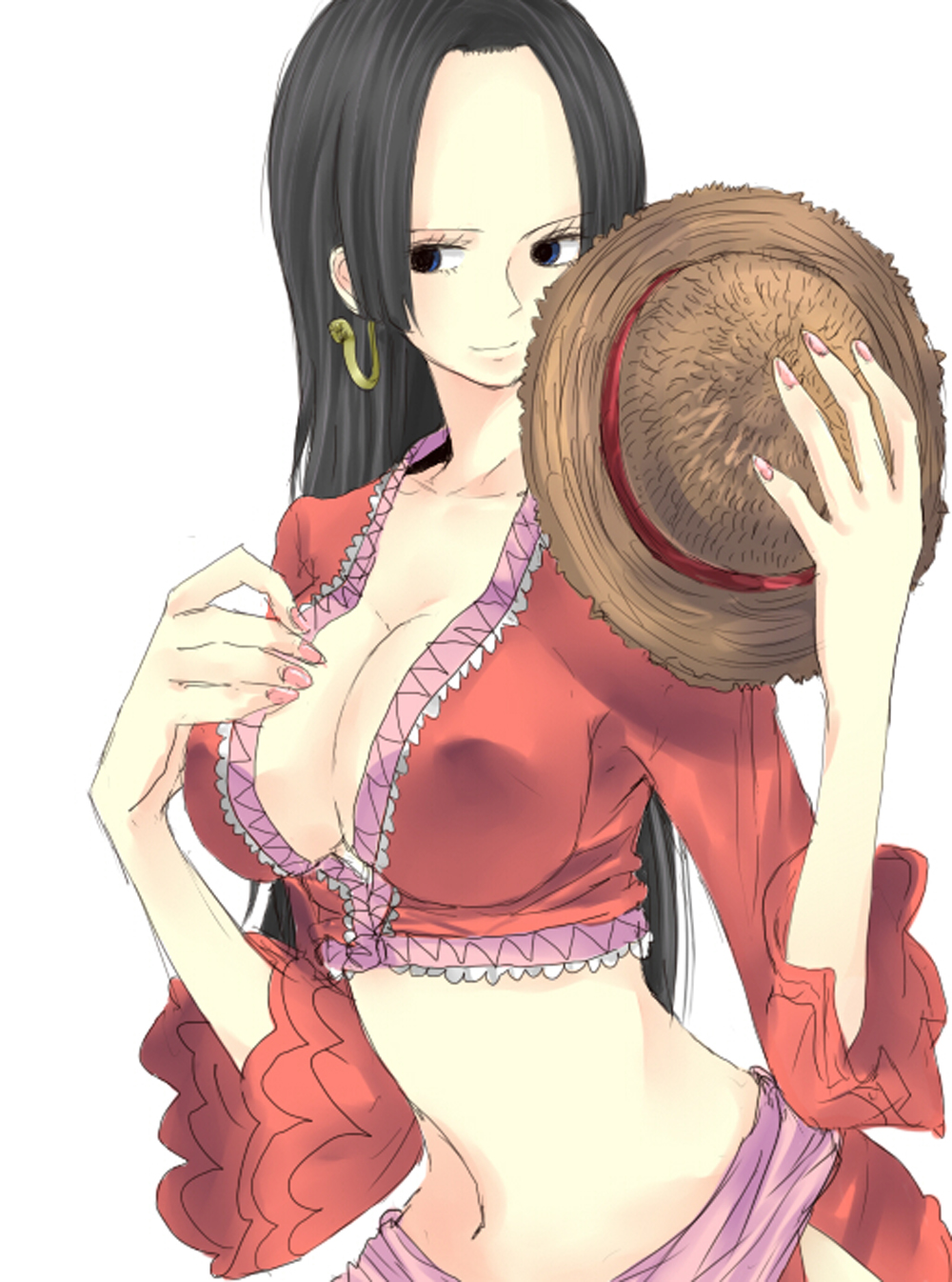 1girl black_hair blue_eyes boa_hancock breasts cleavage earrings female hat highres jewelry large_breasts long_hair long_sleeves midriff one_piece sash simple_background solo straw_hat