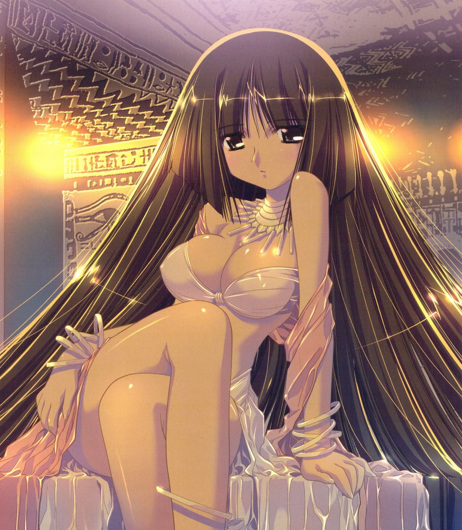 1girl artist_request black_eyes black_hair breasts cleavage dark_skin egyptian hieroglyphs jewelry large_breasts long_hair looking_at_viewer lots_of_jewelry solo very_long_hair