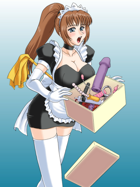 apron blue_eyes blush box breasts brown_hair butt_plug cleavage cuffs dildo dildos elbow_gloves enema female gloves gradient gradient_background handcuffs headdress holding large_breasts long_hair maid maid_apron maid_outfit open_mouth oukazero ponytail sex_toy sex_toys sexually_suggestive solo spiked_dildo thighhighs toy toys vibrator