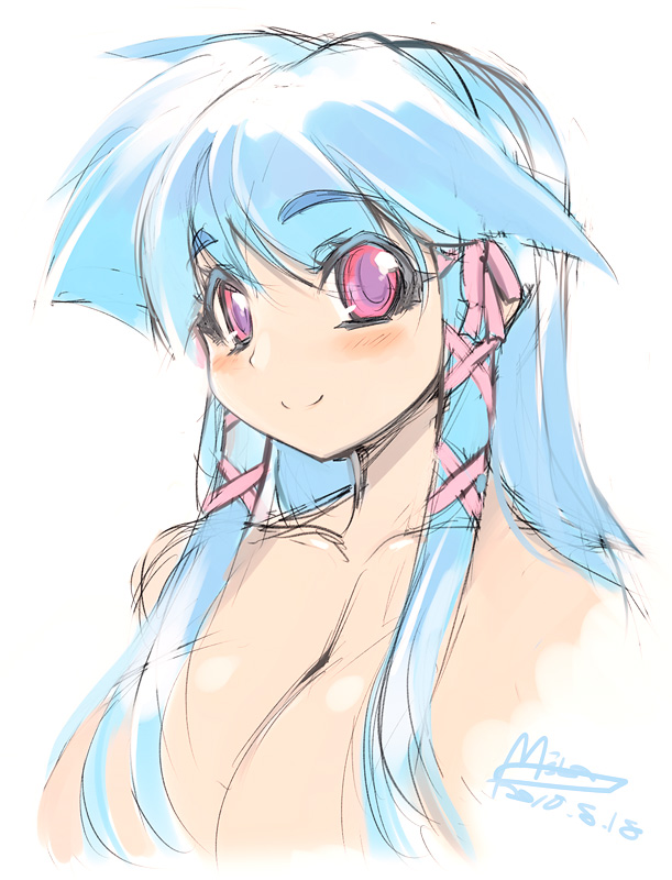 blue_hair bluesky_melty breasts cleavage large_breasts mel/a melmaid red_eyes sketch smile