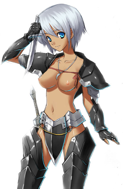 armor artist_request blue_eyes breasts dark_skin jewelry knife medium_breasts midriff silver_hair solo sword weapon