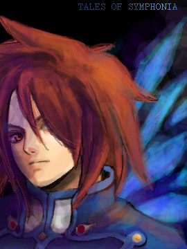 1boy artist_request brown_eyes brown_hair hair_over_one_eye kratos_aurion lowres male male_focus oekaki orange_eyes red_eyes red_hair short_hair solo spiked_hair spoilers tales_of_(series) tales_of_symphonia text wings