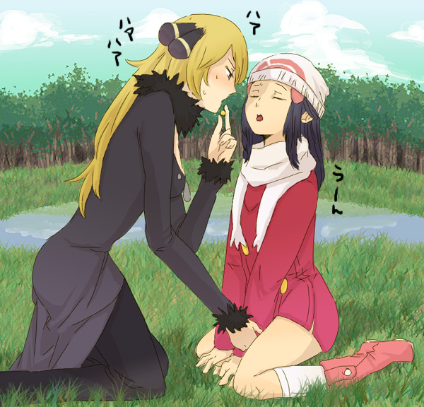 2girls age_difference beanie blonde_hair blush closed_eyes eyes_closed forest hair_ornament hat hikari_(pokemon) long_hair multiple_girls nature open_mouth pokemon pond scarf seduction shirona_(pokemon) yuri