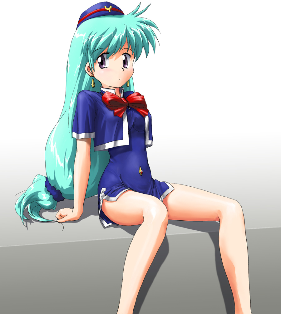 blue_hair dress female gradient gradient_background legs long_hair miniskirt short_dress skirt solo stewardess tenjouin_katsura yat_anshin_uchuu_ryokou