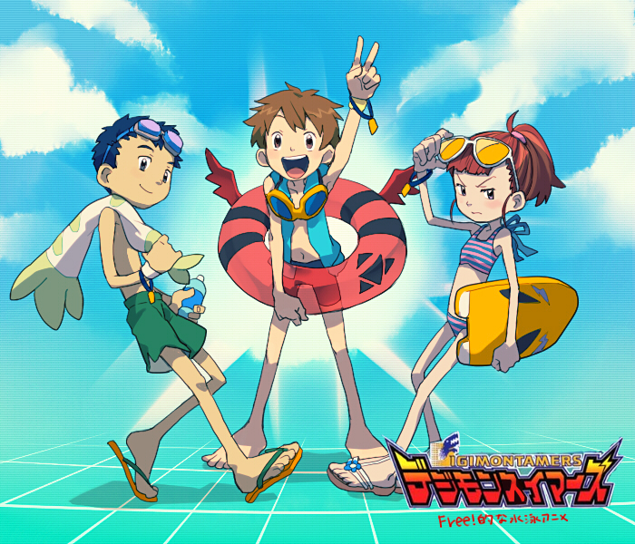 1girl 2boys brown_hair child cloud cloudy_sky digimon digimon_tamers female_child goggles goggles_on_head li_jianliang makino_ruki matsuda_takato multiple_boys open_mouth sky smile sunglasses t_k_g teeth toes v