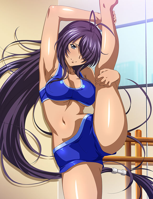 1girl absurdly_long_hair antenna_hair armpits bare_arms bare_legs barefoot blue_shorts blue_sports_bra breasts cleavage closed_mouth floating_hair grey_eyes hair_over_one_eye ikkitousen indoors kan'u_unchou large_breasts leg_up long_hair looking_at_viewer low-tied_long_hair midriff navel purple_hair shiny shiny_hair shiny_skin short_shorts shorts smile solo split sports_bra standing standing_on_one_leg standing_split stomach underboob very_long_hair