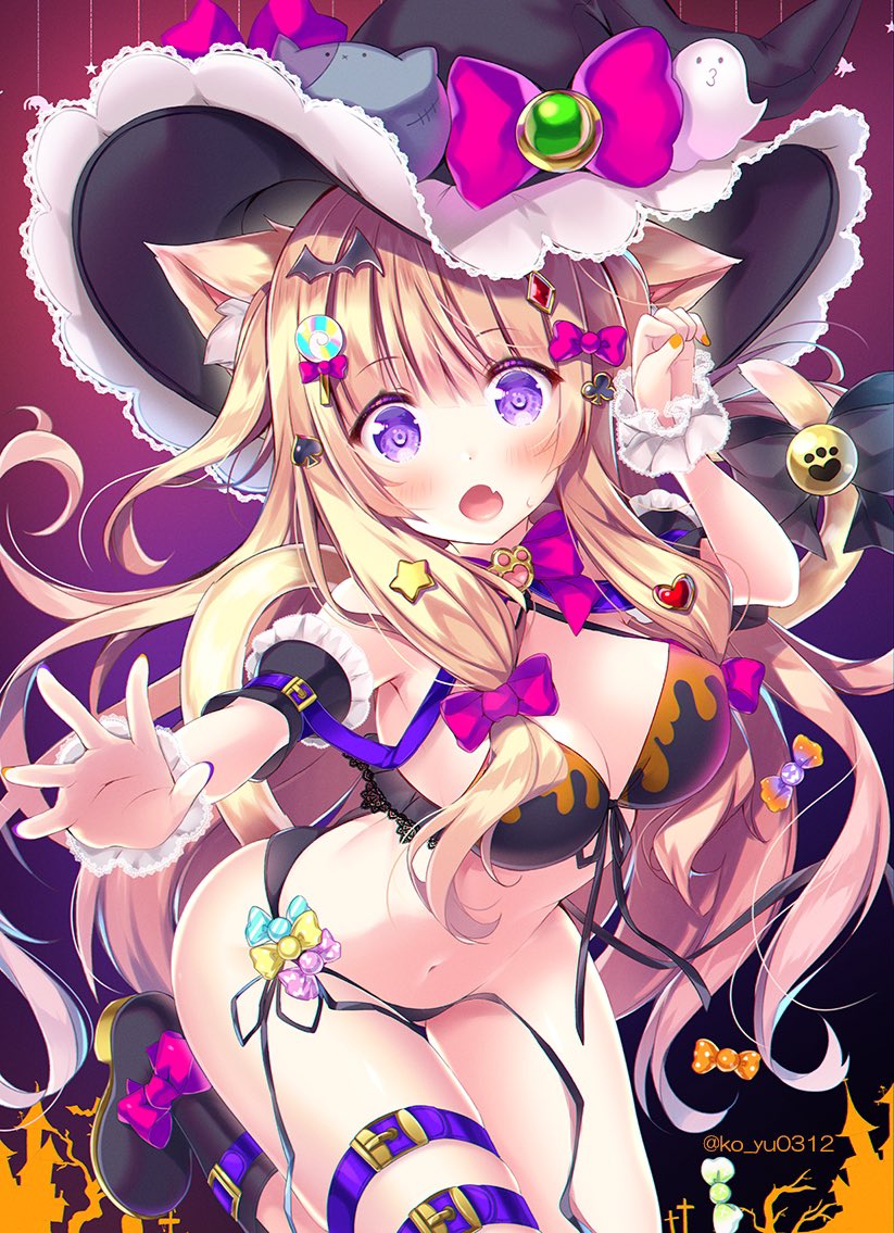 1girl :o animal_ears arm_cuffs bikini black_bikini black_bow black_footwear black_headwear blonde_hair blush boots bow breasts candy_hair_ornament cat_ears cat_girl cat_tail commentary curled_fingers english_commentary fang food-themed_hair_ornament foreshortening gradient gradient_background hair_bow hair_ornament halloween hand_up hat hat_bow heart heart_hair_ornament ko_yu long_hair looking_at_viewer medium_breasts mixed-language_commentary nail_polish open_hand open_mouth orange_nails original outstretched_arm pink_bow purple_background purple_eyes side-tie_bikini_bottom skin_fang solo standing standing_on_one_leg star_(symbol) star_hair_ornament sweatdrop swimsuit tail tail_bow tail_ornament thigh_strap twitter_username untied untied_bikini witch_hat