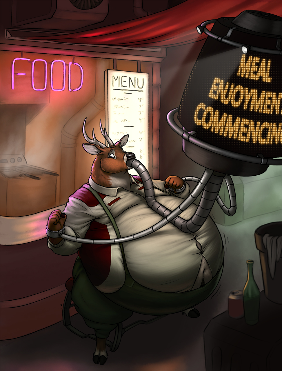 anthro antlers belly belly_jiggle big_belly bottle bound capreoline cervid chair chair_breaking cheek_bulge clothed clothing deep_fryer detailed_background eating english_text feeding feeding_tube force_feeding forced fur furniture hi_res hooves horn inflation inside jiggling khendar machine machine_bondage male mammal medical_instrument menu menu_board navel neon_sign obese obese_anthro obese_male overweight overweight_anthro overweight_male restaurant restraints roe_deer scientific_instrument screen sign sitting solo straining_buttons sugarboy suspenders text tight_clothing weight_gain white_body white_fur worried