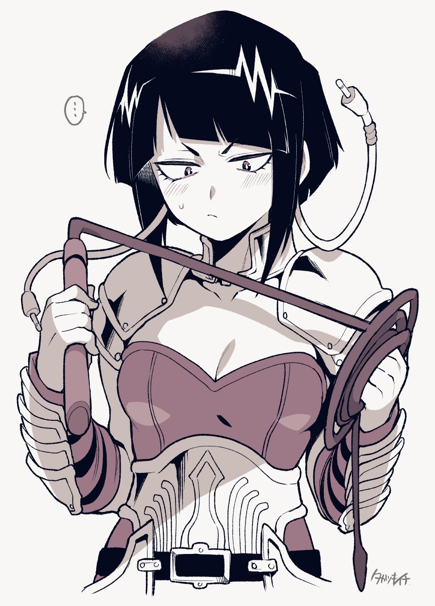 ... 1girl alternate_costume armor blush boku_no_hero_academia breasts cleavage gauntlets greyscale highres holding holding_whip jirou_kyouka monochrome shoulder_armor small_breasts sweatdrop takatsuki_ichi whip