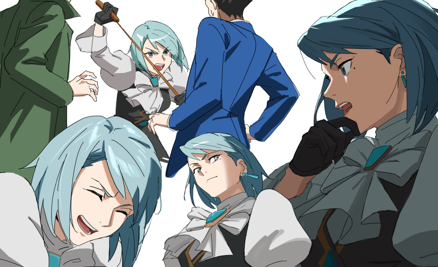 1girl 2boys ace_attorney ascot black_gloves black_hair black_vest blue_eyes blue_hair blue_jacket closed_mouth coat dick_gumshoe earrings formal franziska_von_karma gem gloves green_coat holding holding_whip jacket jewelry juliet_sleeves long_sleeves mole mole_under_eye multiple_boys open_mouth phoenix_wright puffy_sleeves roku_(bb8800xx) shirt short_hair simple_background smile vest vest_over_shirt whip white_background white_shirt