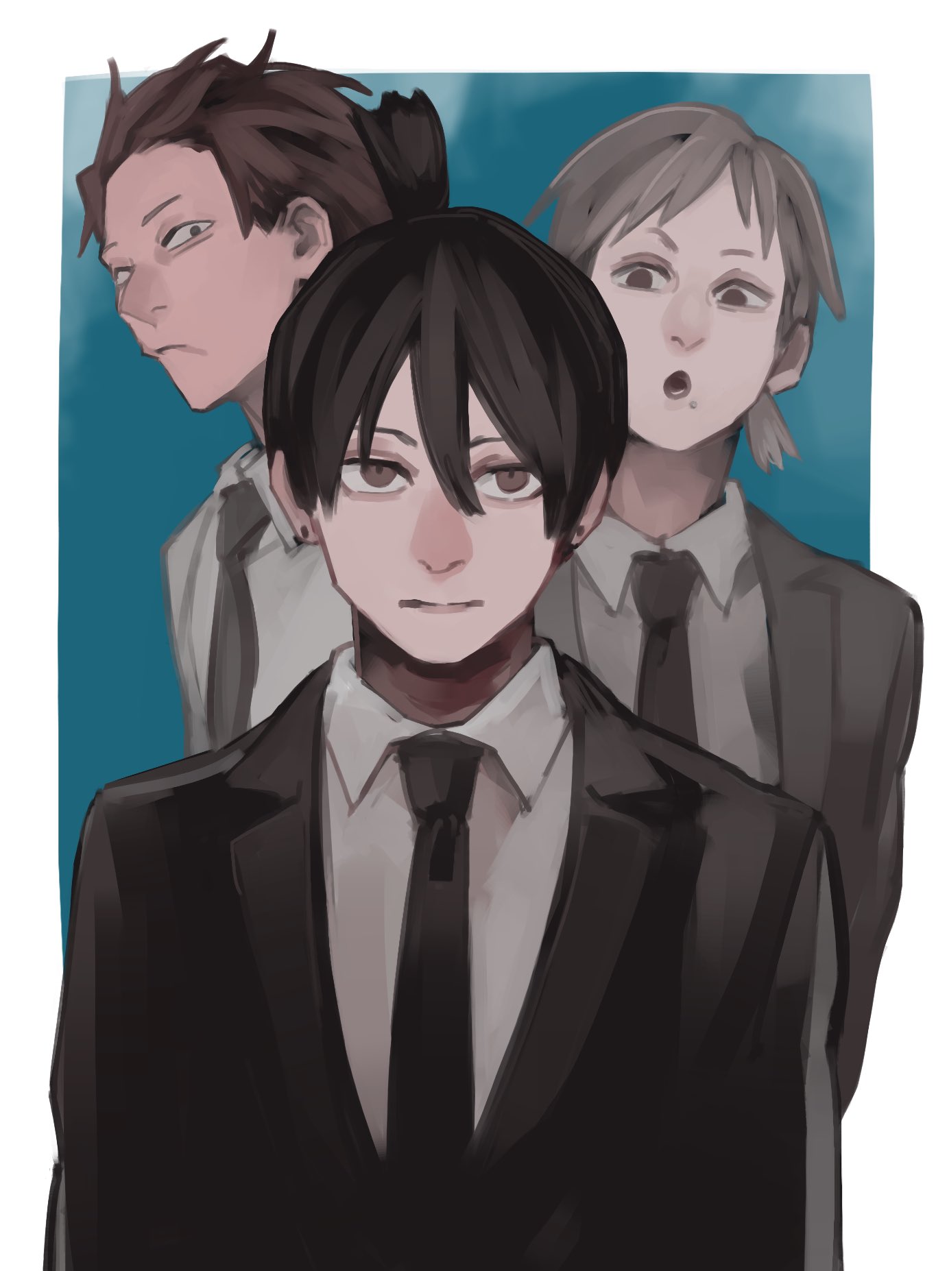 3boys black_hair black_jacket black_necktie blue_background chainsaw_man collared_shirt division_2_lieutenant_(chainsaw_man) earrings formal grey_hair hair_between_eyes hayakawa_aki highres jacket jewelry looking_at_viewer multiple_boys nakano_(2_mannaka) necktie nomo_(chainsaw_man) open_mouth shirt short_hair simple_background stud_earrings suit white_shirt