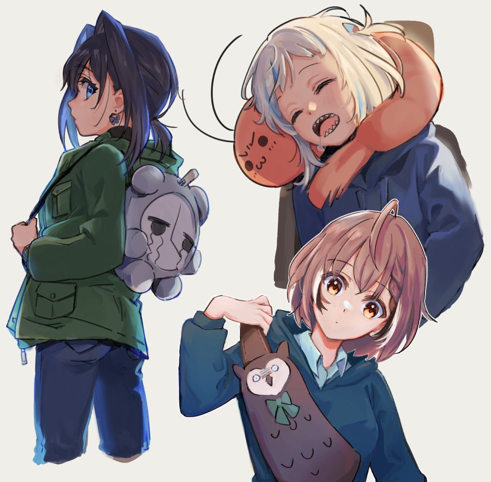 3girls ahoge alternate_costume backpack bag bangs blue_hair blue_hoodie blunt_bangs bow bow_earrings braid braided_bangs brown_eyes brown_hair collared_shirt crying denim drooling earrings ebi-chan_(gawr_gura) gawr_gura green_jacket grey_hair hair_intakes hair_ornament hololive hololive_english hood hoodie hooman_(nanashi_mumei) jacket jeans jewelry jitome kisuu_(oddnumberr_) kronie_(ouro_kronii) long_hair low_ponytail medium_hair mouth_drool multicolored_hair multiple_girls nanashi_mumei neck_pillow objectification official_alternate_hairstyle ouro_kronii pants shark_hair_ornament sharp_teeth shirt short_hair short_ponytail shoulder_bag streaked_hair teeth two_side_up virtual_youtuber white_shirt