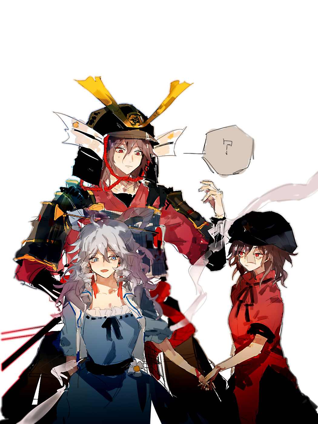 3girls ? armor belt black_belt black_ribbon blue_dress blue_eyes blue_hair brown_hair cabbie_hat cerevevisiae closed_mouth commentary_request cowboy_shot dress dual_persona hagoromo hair_ornament hair_rings hair_stick hat hat_ornament helmet highres holding_hands japanese_armor jiangshi kabuto_(helmet) kaku_seiga looking_at_another looking_at_viewer miyako_yoshika miyako_yoshika_(living) multiple_girls neck_ribbon ofuda open_clothes open_mouth open_vest red_eyes red_shirt ribbon shawl shirt short_hair short_sleeves shoulder_armor simple_background smile sode spoken_question_mark star_(symbol) star_hat_ornament touhou vest white_background white_vest