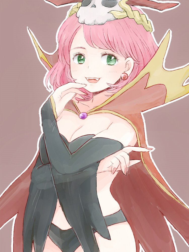 1girl breasts cape cleavage detached_sleeves earrings final_fantasy final_fantasy_v green_eyes hapiko_(hiyamugi_5555) jewelry lenna_charlotte_tycoon looking_at_viewer nail_polish necromancer_(final_fantasy) open_mouth pink_hair short_hair simple_background smile solo swimsuit