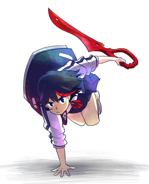 ablob black_hair bomber_jacket handstand jacket kill_la_kill letterman_jacket matoi_ryuuko multicolored_hair red_hair scissor_blade short_hair solo_focus streaked_hair sukajan