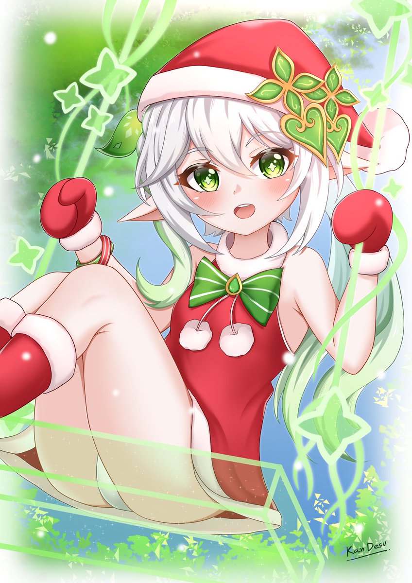 1girl bare_legs bare_shoulders bow bowtie dress genshin_impact gloves green_bow green_bowtie green_eyes hair_ornament hat highres kan_(afterrain1412) long_hair multicolored_hair nahida_(genshin_impact) open_mouth panties pointy_ears red_dress red_gloves red_headwear santa_costume santa_hat side_ponytail solo swing underwear white_hair white_panties