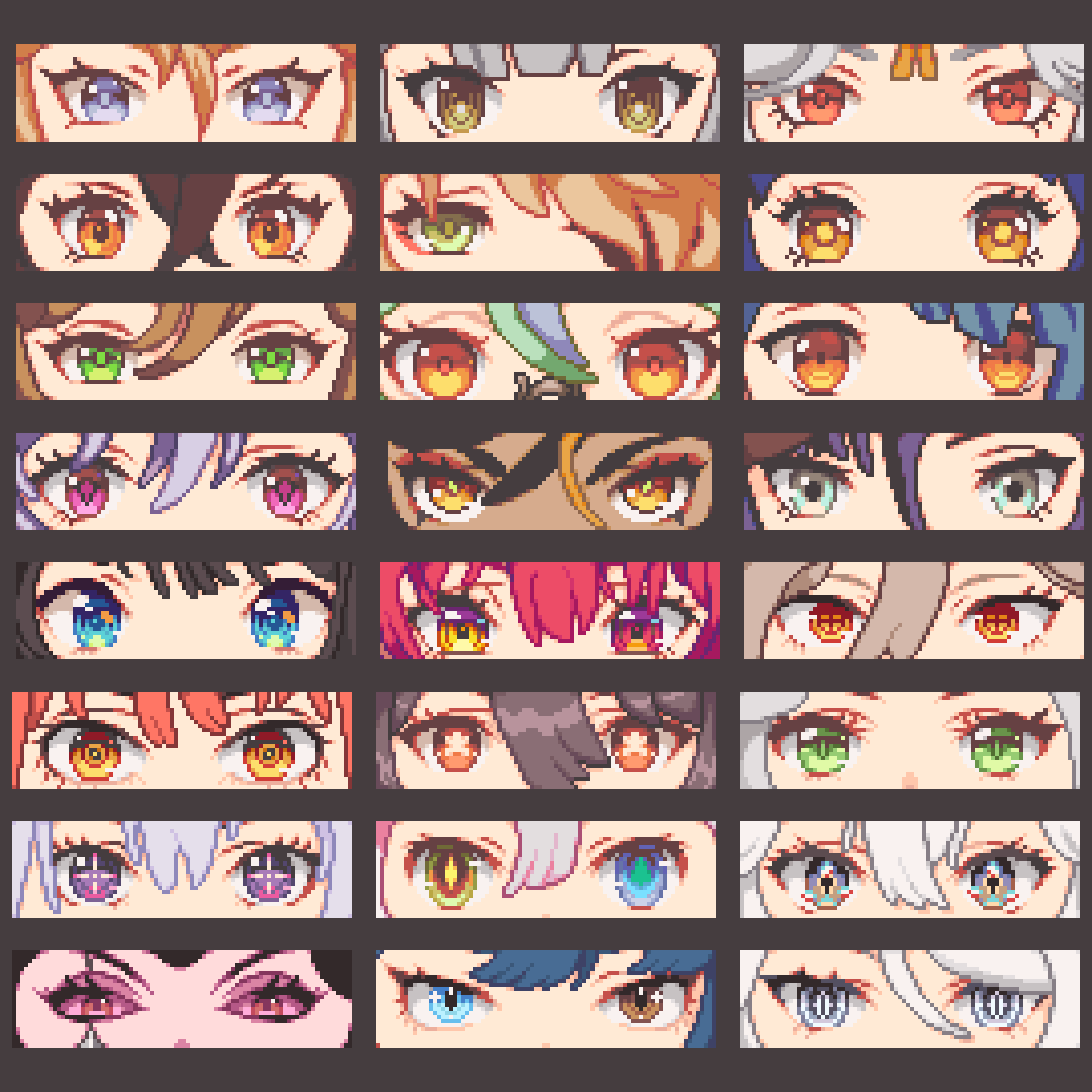 +_+ 1boy 6+girls aethiana_(vtuber) amber_(genshin_impact) aniebodie annotation_request arcana_camille bangs blue_eyes brown_eyes brown_hair camille_(league_of_legends) chainsaw_man character_request close-up colored_sclera commentary copyright_request dark-skinned_female dark_skin eavlol_(vtuber) eye_focus eyepatch eyeshadow fischl_(genshin_impact) genshin_impact green_eyes green_hair grey_hair hair_between_eyes hair_over_one_eye heterochromia hololive houshou_marine hu_tao_(genshin_impact) indie_virtual_youtuber isa_(vtuber) jean_(genshin_impact) keqing_(genshin_impact) league_of_legends lisa_(genshin_impact) makeup makima_(chainsaw_man) mona_(genshin_impact) multicolored_hair multiple_girls ningguang_(genshin_impact) noelle_(genshin_impact) one_eye_covered oozora_subaru partially_annotated pink_eyes pink_sclera pixel_art power_(chainsaw_man) purple_eyes red_eyes red_eyeshadow streaked_hair symbol-only_commentary vei_(vtuber) virtual_youtuber vshojo xiangling_(genshin_impact) xingqiu_(genshin_impact)