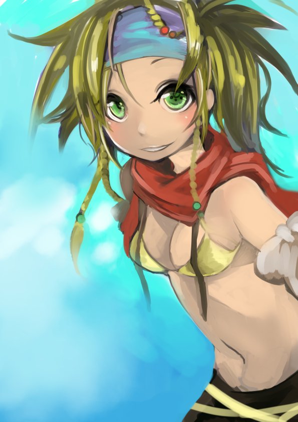 1girl bikini blonde_hair blue_headband braid breasts cleavage final_fantasy final_fantasy_x final_fantasy_x-2 green_eyes hair_ornament headband long_hair looking_at_viewer navel rikku_(ff10) ruu_bot scarf simple_background smile solo swimsuit