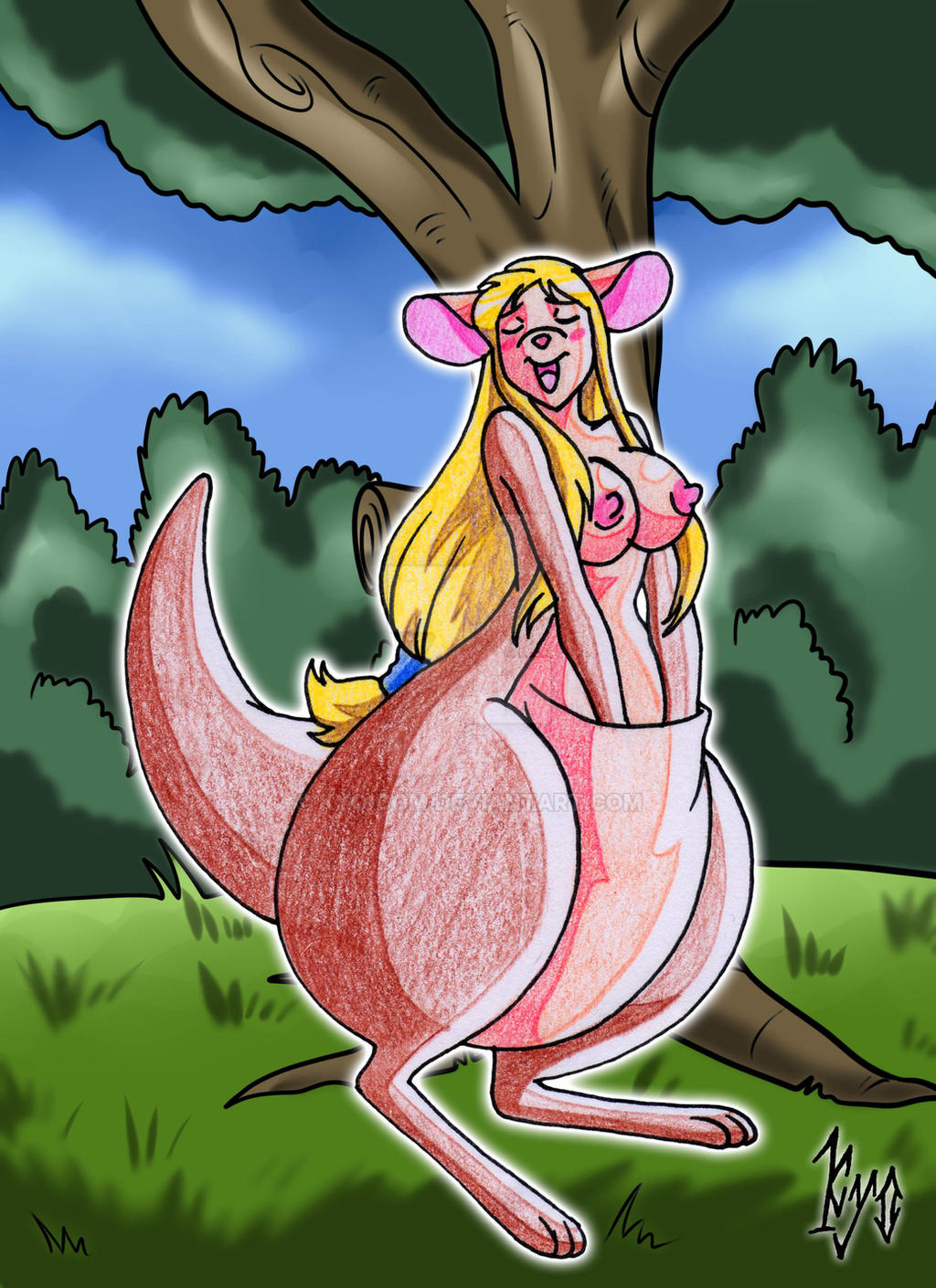 anthro big_butt black_nose blonde_hair blush blush_lines breasts butt erect_nipples female grass hair hand_in_pouch hi_res kangaroo kyo-domesticfucker macropod mammal marsupial mature_anthro mature_female nipples nude_female orgasm orgasm_face paws pink_nipples plant ponytail pouch_(anatomy) pouch_vore shrub solo tree vore wide_hips