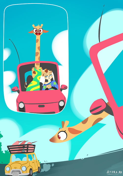 2022 anthro avian bird car clothed clothing day digital_media_(artwork) driving felid fur giraffe giraffid hydrabb kiwi_(bird) lion mammal open_mouth outside pantherine ratite vehicle yellow_body yellow_fur